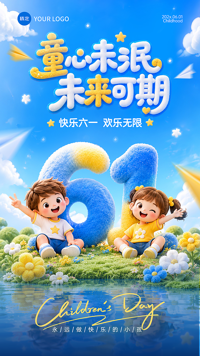 六一儿童节节日祝福毛绒质感3D立体通用竖版海报