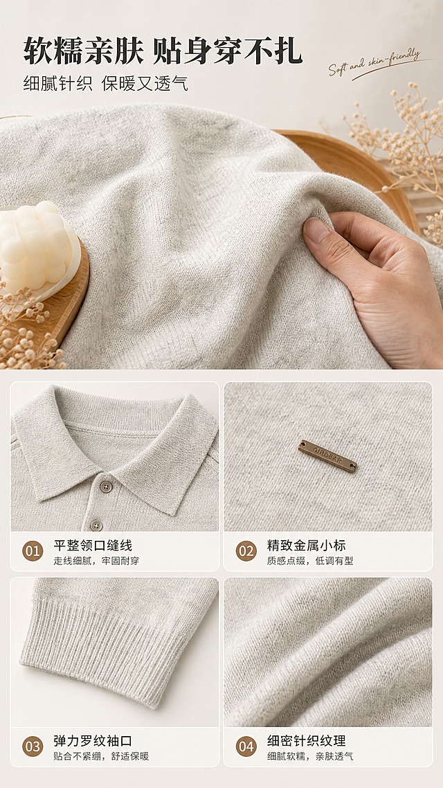 [商品] 使用【图1】米灰色翻领针织Polo衫；商品处理：保留翻领、两粒扣门襟、左胸金属小标、插肩袖、罗纹袖口下摆、米灰杂色针织面料和宽松版型；自然去除衣身杂乱褶皱，理顺垂坠，增强针织纹理、缝线和金属标质感，不改变版型、颜色和结构。
[画面] 目标：面料工艺页，微距展示针织纹理与软糯亲肤质感。构图：上半部分大面积面料微距特写，下半部分2×2宫格展示4处细节（领口缝线/金属标/袖口罗纹/面料折叠手感）；产品面料占画面约70%。景别：微距+细节特写。场景：浅米色哑光背景，搭配木质托盘、干花、香薰蜡烛等暖调道具，一只手轻捏面料展示柔软度，自然光柔和。
[视觉] 套系策略：风格=轻熟通勤高级杂志风；标题字=现代衬线粗体；正文字=简洁无衬线体；主色=米灰燕麦色；背景延展=基于米灰燕麦做深浅层级、同色渐变和细腻织物/哑光纸张质感；强调色=焦糖棕，仅用于小面积图标、引线和标签；标题色=深炭灰；正文色=中暖灰；组件=圆角浅底信息卡、细线引线、手写英文小字装饰；光影=左前侧暖柔光，柔和阴影。
[文字] 顶部主标题"软糯亲肤 贴身穿不扎"，副标题"细腻针织 保暖又透气"，下方4个细节配短句：细密针织纹理 / 精致金属小标 / 平整领口缝线 / 弹力罗纹袖口；文字横向排版，宫格下方对应标注，清晰易读。
[规格] 图片比例9:16竖版，4K，避免变形、错字、文字过小、冷蓝/蓝灰背景、衣服颜色改变、版型失真、极限词。