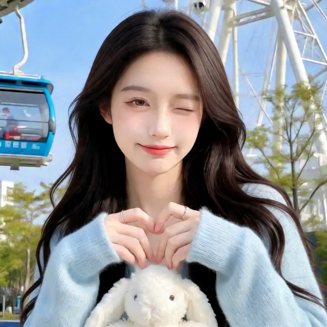 参考提供图片，保持相同动作：双手在胸前比心，单眼 wink，双麻花辫长发，抱着白色兔子玩偶，游乐园户外晴天背景，浅蓝色毛衣，生成另一张全新不同长发美女的正方形头像，高清晰，精致五官，甜妹妆容，人物和参预览效果