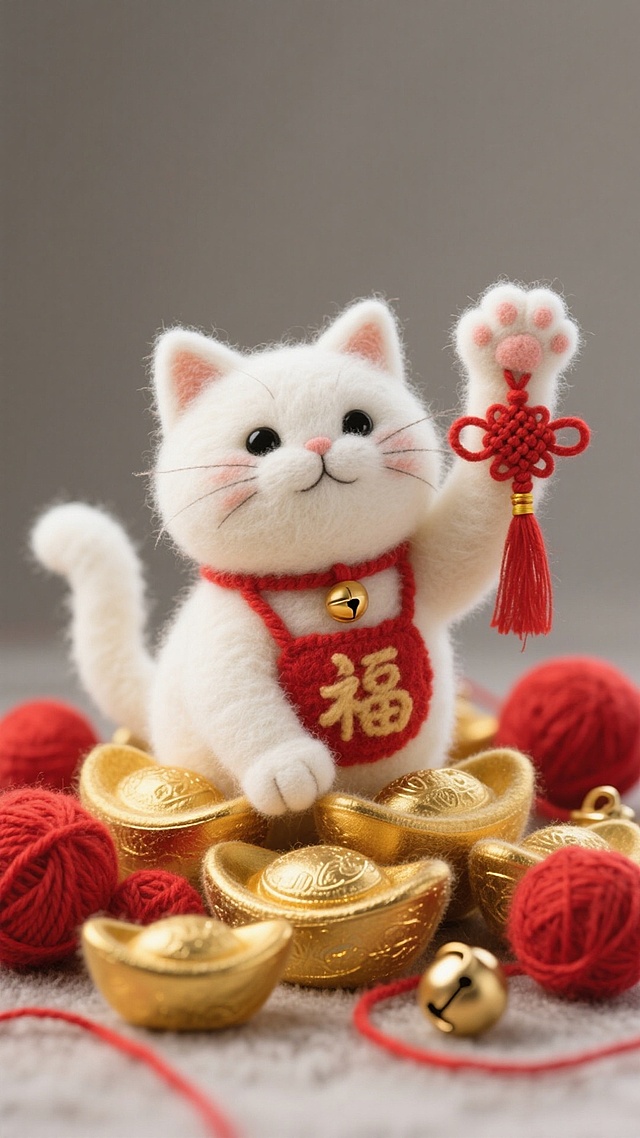 一只毛茸茸的白色招财猫，系着红色的肚兜，坐在一堆同样毛绒绒的金色元宝中间。它正举起一只爪子，爪子上挂着一个红色的中国结，表情憨态可掬。周围散落着红色的毛线球和金色的铃铛，画面充满柔软的触感，像精致的羊毛毡手工艺品。