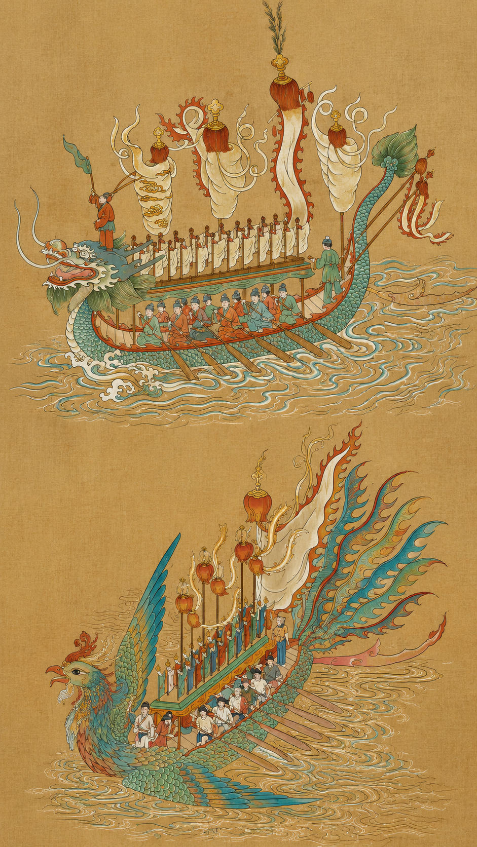 参考图中国风古画风格，绢本设色，土黄色绢布纹理背景。画面上下分… - 图片创意预览