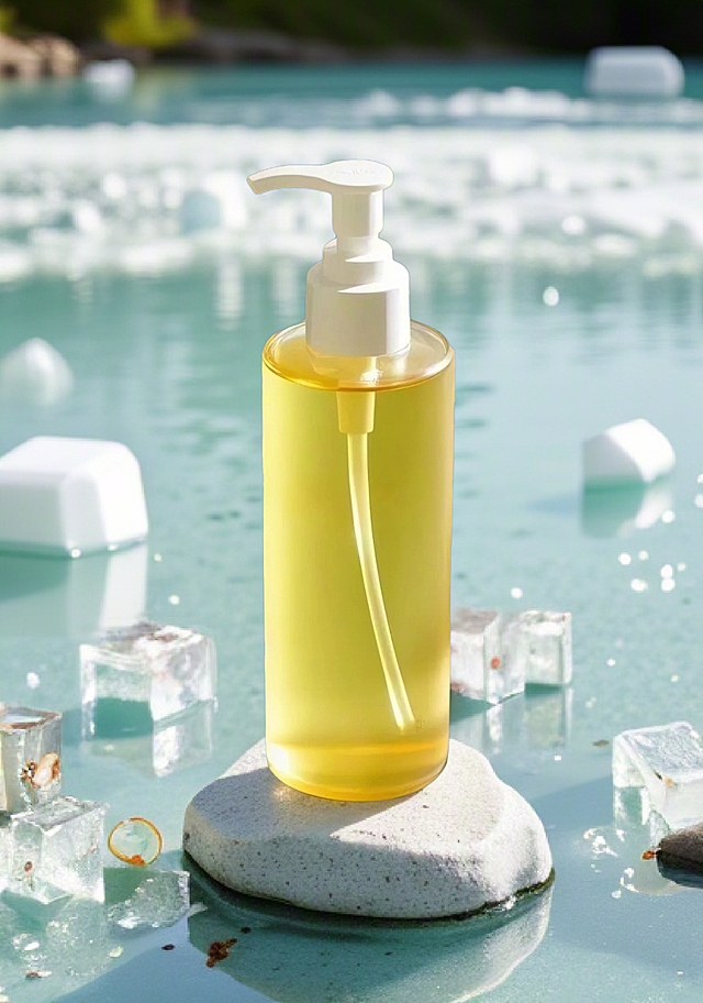 简约主义风格，清透冰块与黄色液体瓶，营造夏日清爽感。