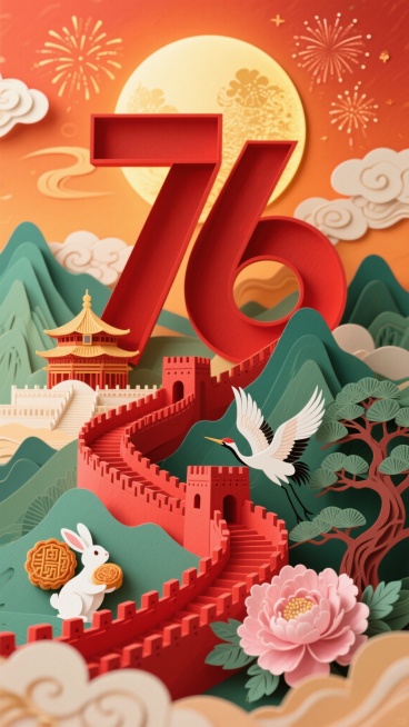 立体纸雕艺术风格，红橙金暖色调营造喜庆氛围，竖版层次丰富构图。艺术化红色数字“76”融合天坛建筑，下方蜿蜒红色长城，抱月饼白兔、飞翔仙鹤，盛开粉色牡丹与苍劲松树。背景为点缀祥云、烟花的暖橙色天空，层叠预览效果