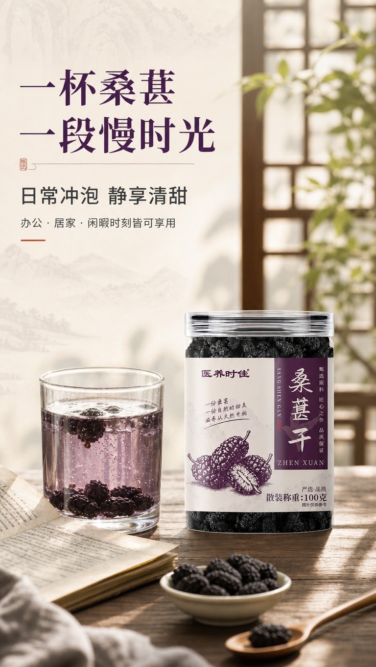 [商品] 使用【图1】医养时佳桑葚干罐装，保留罐体与标签原貌；… - 图片创意预览