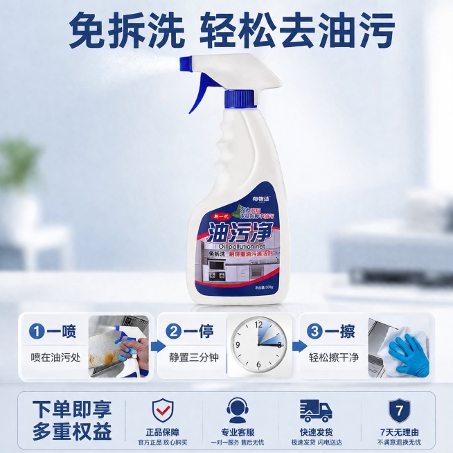 [主图-5] 使用步骤与权益图，[氛围风格] 简洁直观，促进下单，[画质] 商业摄影质感、光线柔和通透、产品清晰真实、画面干净高级，[元素] 保持物物洁油污净产品外观、物理结构、材质质感、颜色与输入产预览效果