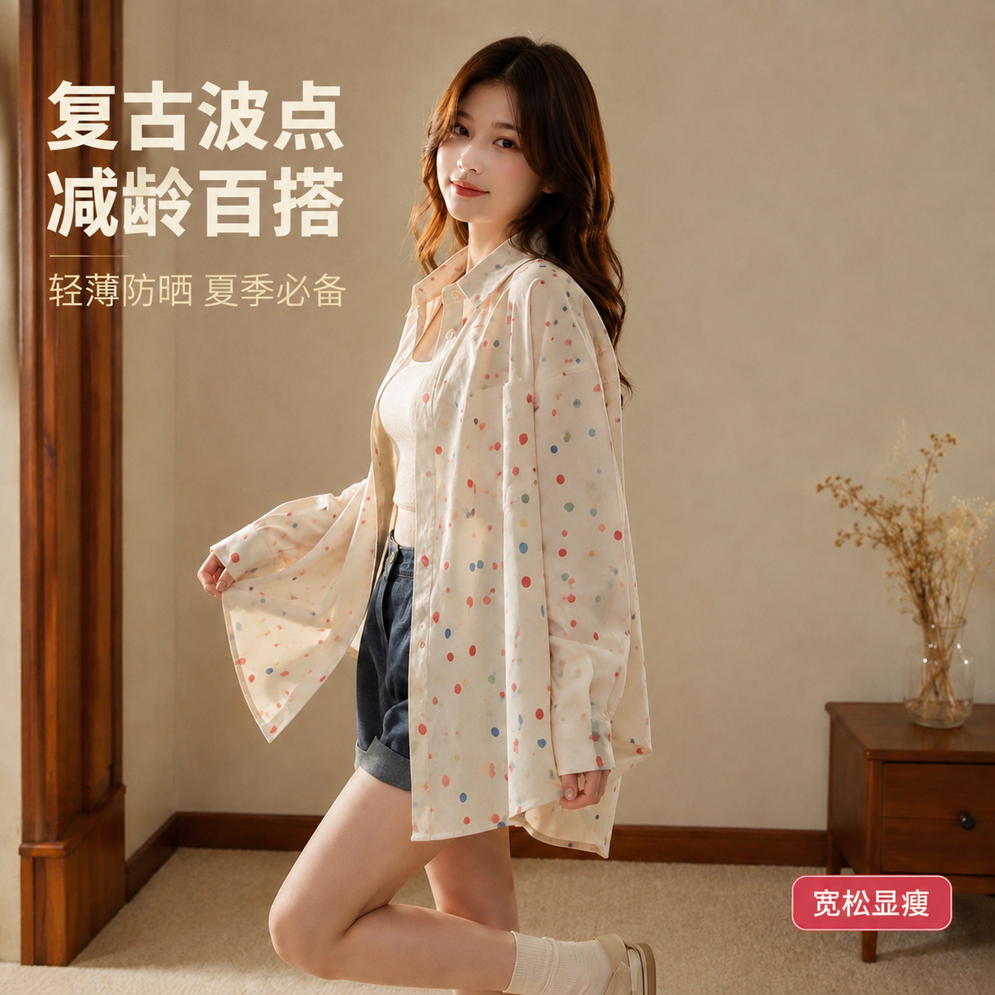 在这张彩色波点衬衫正面穿搭图上添加卖点文案，保持人物和服装完全… - 图片创意预览