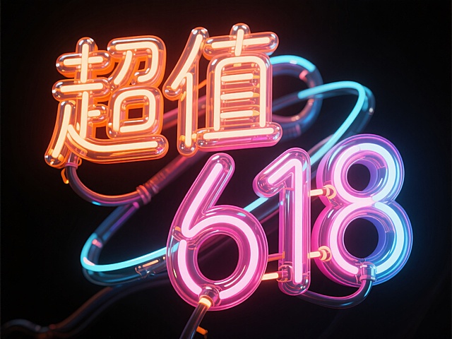 霓虹灯字体设计，文案“超值618”，灯光，线路，通透