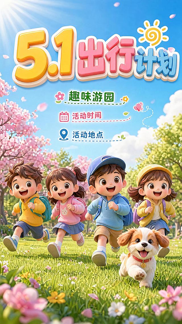 3D卡通可爱Q版风格海报，四个开心玩耍的小朋友背着小书包在大草坪上向前奔跑，旁边跟着一只可爱的小狗，背景是晴朗的蓝天白云，还有樱花树和树林，阳光洒满画面，人物为三维建模，四个人物正上方有主题大字"5.1出行计划"，主题大字下方有几行文字"趣味游园"、"活动时间"、"活动地点"