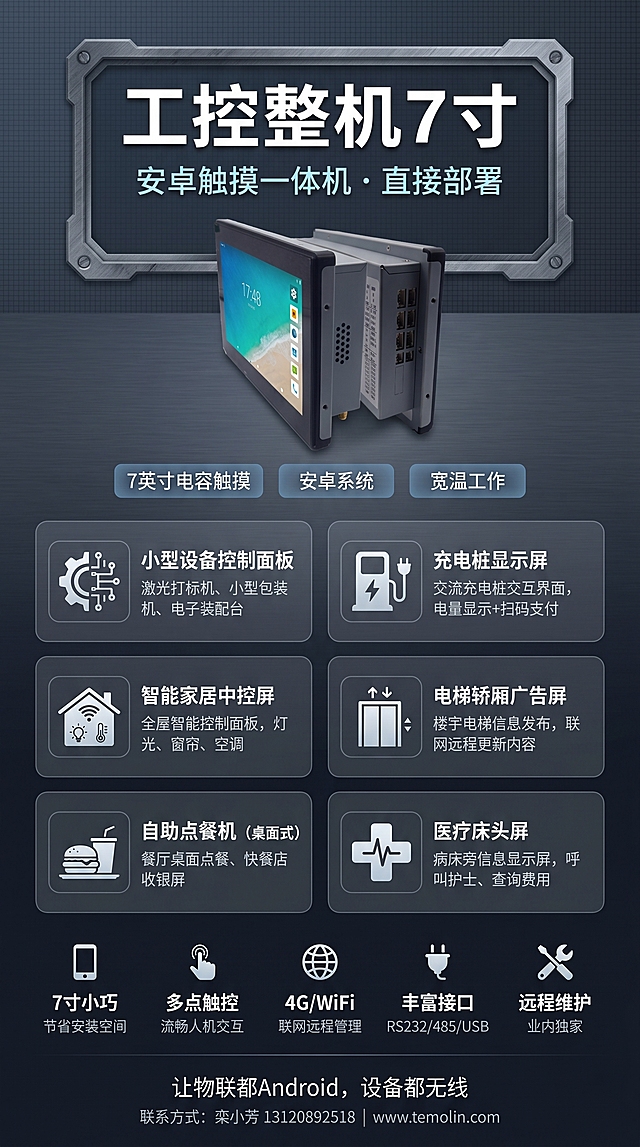 竖版手机海报，尺寸1242×2208px，背景为灰蓝渐变（#1E2A3A → #0F1722），沉稳工业风格，添加细网格线模拟工业面板。

头部区域（0-400px）：主标题"工控整机 7寸"，白色粗体，字号70，加金属感边框；副标题"安卓触摸一体机 · 直接部署"，淡青色，字号32；居中放置经过智能抠图的7寸工控平板实物图，宽度约500px；添加三个半透蓝灰圆角矩形标签，文字分别是"7英寸电容触摸"、"安卓系统"、"宽温工作"。

中部核心区域（400-1700px）：三行两列卡片布局，共6张应用场景卡片，每张卡片尺寸530×280px，圆角15px，背景为半透深灰rgba(30,40,55,0.9)，包含60×60px图标、场景名（白色，字号36，加粗）、典型用例（浅灰色，字号24）。
卡片内容：
1.小型设备控制面板：激光打标机、小型包装机、电子装配台，图标搜索"工业控制 图标"
2.充电桩显示屏：交流充电桩交互界面，电量显示+扫码支付，图标搜索"充电桩 图标"
3.智能家居中控屏：全屋智能控制面板，灯光、窗帘、空调，图标搜索"智能家居 图标"
4.电梯轿厢广告屏：楼宇电梯信息发布，联网远程更新内容，图标搜索"电梯 图标"
5.自助点餐机（桌面式）：餐厅桌面点餐、快餐店收银屏，图标搜索"点餐 图标"
6.医疗床头屏：病床旁信息显示屏，呼叫护士、查询费用，图标搜索"医疗 图标"

底部特性栏（1700-2000px）：一行排列5个优势图标和文字：
📱 7寸小巧 - 节省安装空间
🖱️ 多点触控 - 流畅人机交互
🌐 4G/WiFi - 联网远程管理
🔌 丰富接口 - RS232/485/USB
🛠️ 远程维护 - 业内独家

尾部（2000-2208px）：口号"让物联都Android，设备都无线"，联系方式"栾小芳 13120892518 | www.temolin.com"