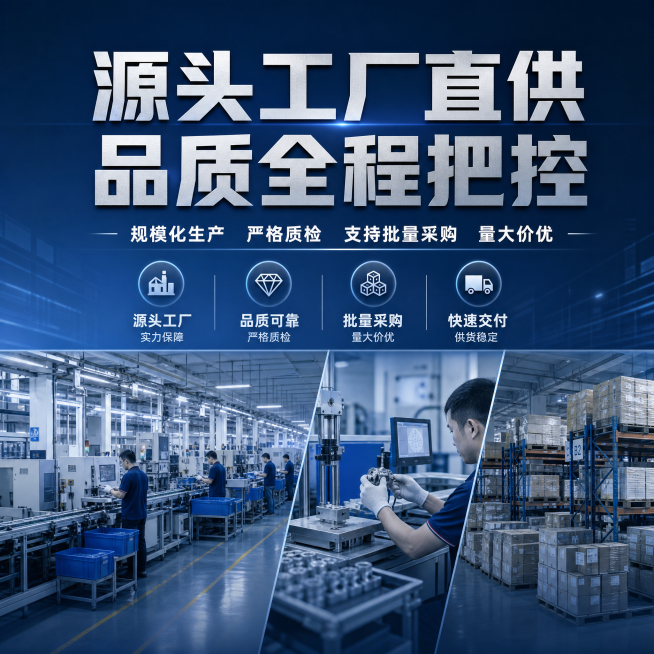 1:1 竖版电商主图，无需完整展示产品，以工厂实力呈现为主；画面下半部分为工厂生产线、质检环节、成品仓储的拼接实拍，上半部分为文字信息；主标题"源头工厂直供 品质全程把控"放置画面上方居中，副标题"规预览效果