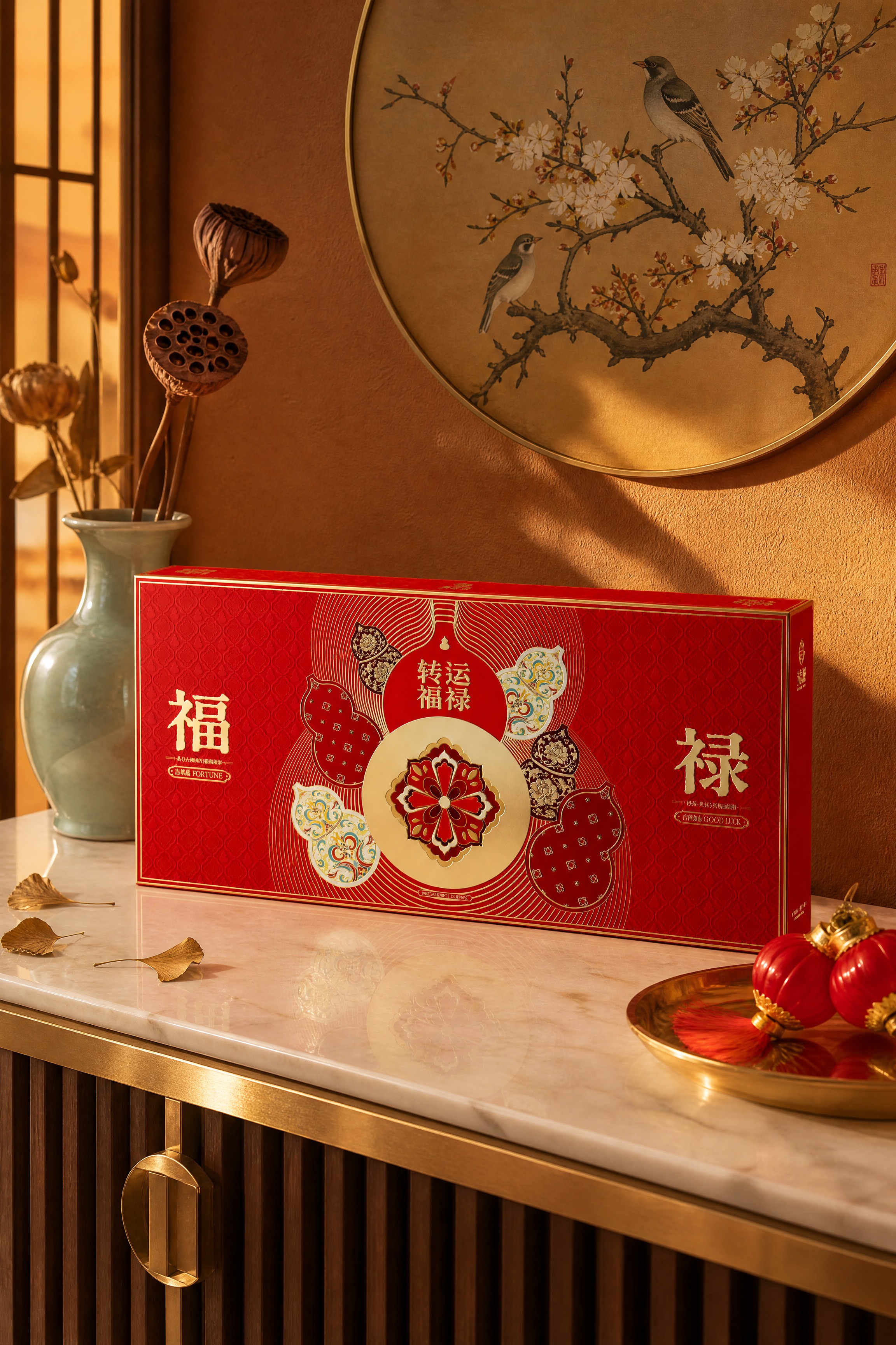 超写实商业产品摄影。 主体：红色长条礼盒严格参照上传产品图，完… - 图片创意预览