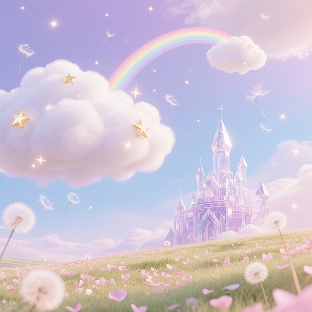 一个宁静的梦境场景，柔和的淡紫色与浅蓝色交织的天空下，漂浮着蓬松的白色云朵，云朵上点缀着闪烁的金色星星，地面上是一片铺满柔软粉色花瓣的草地，远处有一座半透明的水晶城堡，城堡顶端有一道彩虹桥连接着天空，空气中飘散着发光的蒲公英种子，整体画面温暖治愈，充满梦幻感