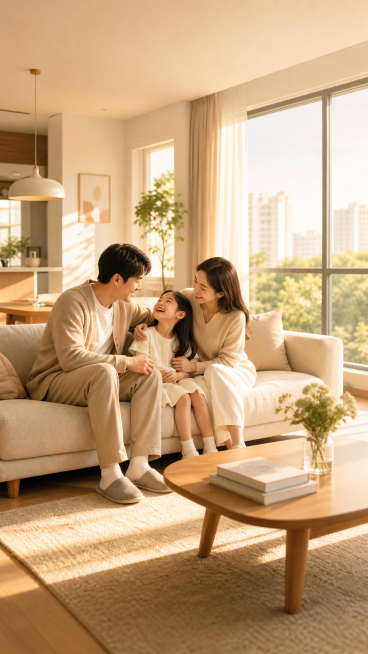 苏州银行房贷温馨主题广告图，无文字，温馨幸福的一家三口在新家客厅，暖黄色灯光，阳光透过落地窗洒进房间，家人微笑互动，现代简约装修风格，整体氛围温暖治愈，体现安家幸福感，9:16竖版预览效果