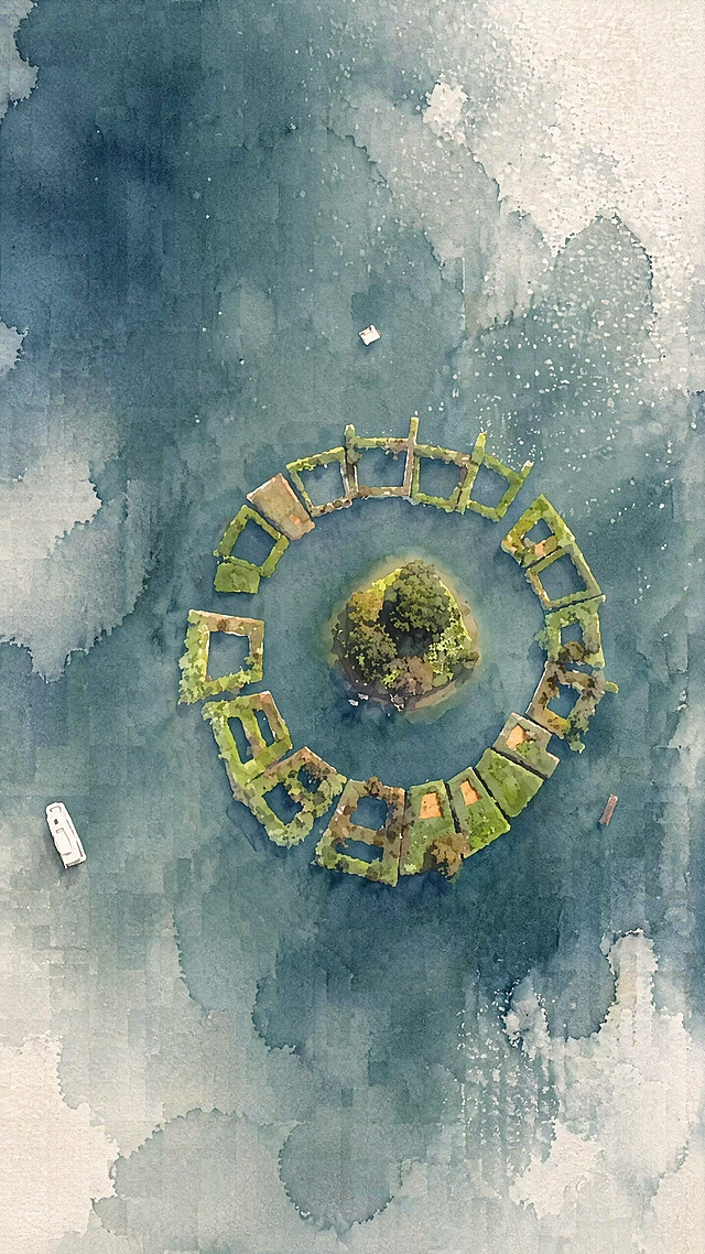 将原图转换为中国彩色水墨风格，保留水面上围成圆形的建筑和中心小岛的独特构图，使用水墨晕染质感，不添加任何文字