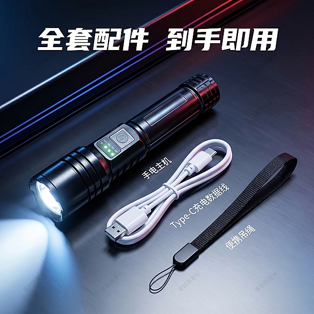 [主图-9] 套餐配件主图，保持暗黑科技风格和详情页统一，整齐平铺展示所有配件：手电主机、Type-C充电数据线、便携吊绳，保持手电外观颜色和原图一致。顶部大字标题"全套配件 到手即用"，每个配件标注名称，排版整齐。比例1:1，分辨率2k，添加低透明度隐形防盗水印，风格统一，配件清晰。负向提示词：变形，水印明显，文字错乱，产品模糊，背景杂乱，配件摆放混乱。