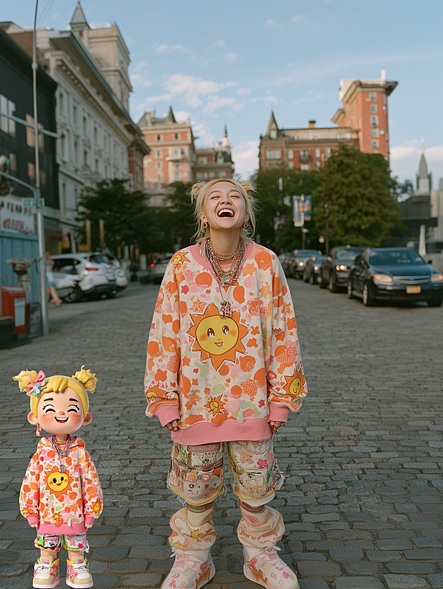 city pop风，可爱卡通拟人设计，色彩斑斓的街头时尚，洋溢青春活力。