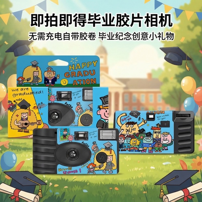 将图中的毕业季定制一次性胶片相机的正面、反面、外包装盒重新摆放位置，更换为符合毕业季主题的非纯色背景，添加文字：“即拍即得毕业胶片相机 无需充电自带胶卷 毕业纪念创意小礼物”，相机和包装盒本身的外观、预览效果