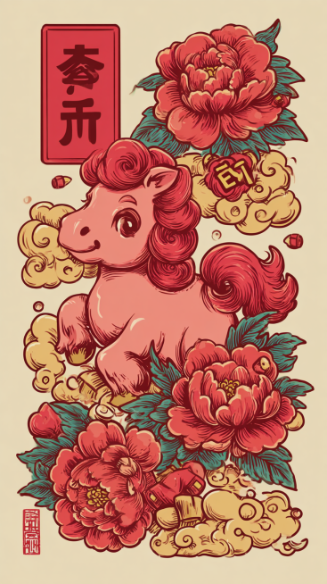国潮插画风，核心角色： “小马”形象。
风格与构图： 明确的“国潮”风格，平面插图、粗轮廓、高饱和色彩（中国红与金色）。
元素与用途： 祥云、牡丹、“福”字、鞭炮等装饰元素，干净背景，突出其适合海报预览效果
