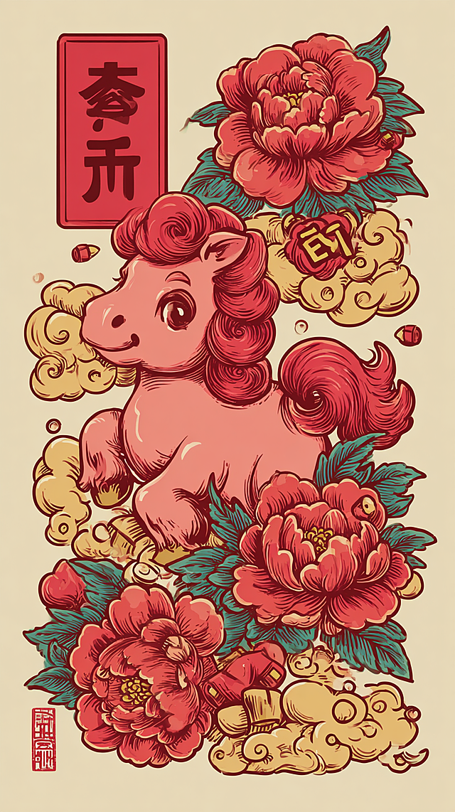 国潮风插画，拟人化小马萌趣十足，搭配牡丹与祥云，描边线条流畅，印刷质感浓郁，喜庆吉祥，充满节日氛围。