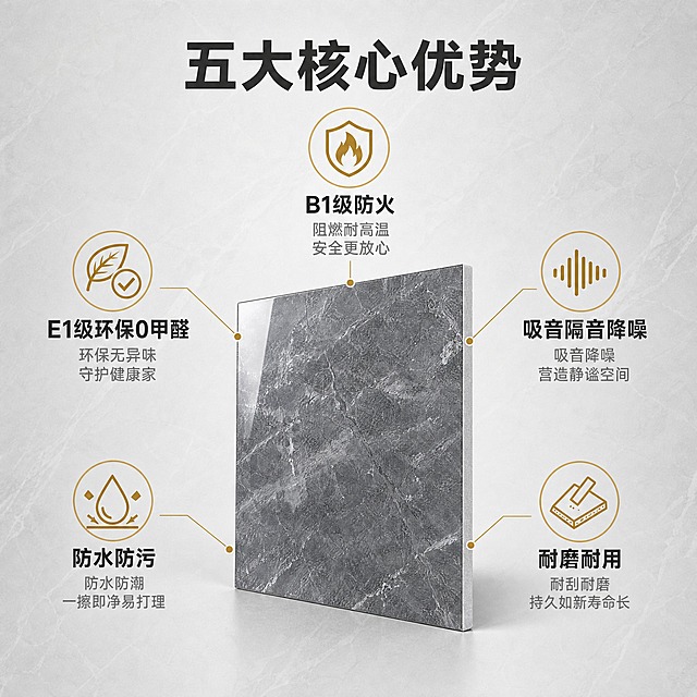 [主图-2] 核心卖点具体展示图，任务是突出产品5大核心优势，用图标+短文案环绕产品展示。
[统一基调] 抖音1:1建材主图，整体专业干净明亮，高级灰大理石质感配色；背景为浅灰到中灰的柔和渐变，带微弱大理石纹理底纹；标题字色为深炭灰色，强调色用深金色点缀；字体为粗黑体无衬线，字号层级分明；卡片用浅灰圆角细线边框，图标简洁线性。
[画面] 画面中央放置一块正面朝向的聚酯纤维吸音板复合亮面大理石纹PVC墙板，略微倾斜增加动感，产品占画面约45%；产品周围环绕5个功能图标模块，呈放射状分布，每个模块用细线连接到产品对应位置，分别指向：上方连接"B1级防火阻燃"图标（火焰+盾牌），左上方连接"E1级环保0甲醛"图标（树叶+对勾），右上方连接"吸音隔音降噪"图标（声波符号），左下方连接"防水防污"图标（水滴），右下方连接"耐磨耐用"图标（砂纸/耐磨符号）。
[光影质感] 商业摄影棚拍质感，正面均匀布光，产品亮面PVC有自然高光，大理石纹理清晰，底部有柔和投影，整体明亮通透。
[配色] 主背景浅灰渐变，产品深灰大理石纹，图标和连接线用深金色，标题深炭灰，辅助文字中灰色。
[文字版式] 顶部居中大标题写"五大核心优势"，粗黑体；每个环绕图标下方配2行文字，第一行是卖点名称（如"B1级防火"），第二行是短结论（如"安全更放心"），字号依次递减；整体信息呈放射状围绕产品，阅读流清晰，不遮挡产品主体。
[输出要求] 1:1正方形，2K分辨率，文字清晰，产品纹理清楚，图标精致；禁止变形、错字、模糊、杂乱、水印、平台Logo。