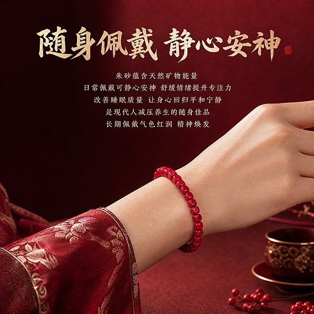 电商淘宝天猫主图，朱砂手串佩戴效果展示，产品为高含量帝王砂方形珠手串，珠约5.5mm，约14g，共33颗，保持产品原样不修改外观。高级道风风格，参考图4的高级质感光影风格，深红色渐变背景，柔和侧光，高级质感，展示手串佩戴在手腕上的优雅效果，搭配中式服饰元素，上方大字标题"随身佩戴 静心安神"，下方卖点文字"朱砂蕴含天然矿物能量 日常佩戴可静心安神 舒缓情绪提升专注力 改善睡眠质量 让身心回归平和宁静 是现代人减压养生的随身佳品 长期佩戴气色红润 精神焕发"，文字清晰美观，新中式书法字体，1:1正方形构图，商业产品摄影，高级精致，传统文化氛围
