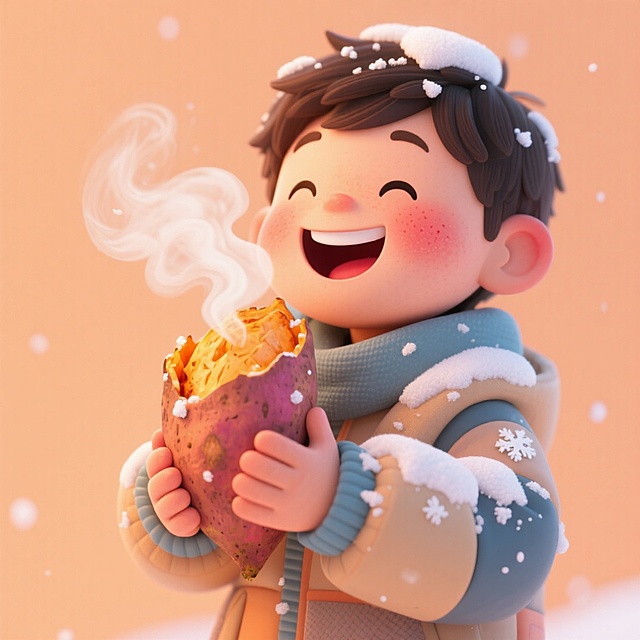 画面主视觉是一个小男孩正在开心地吃冒热气的烤红薯，衣服上有雪。浅橙色纯色背景