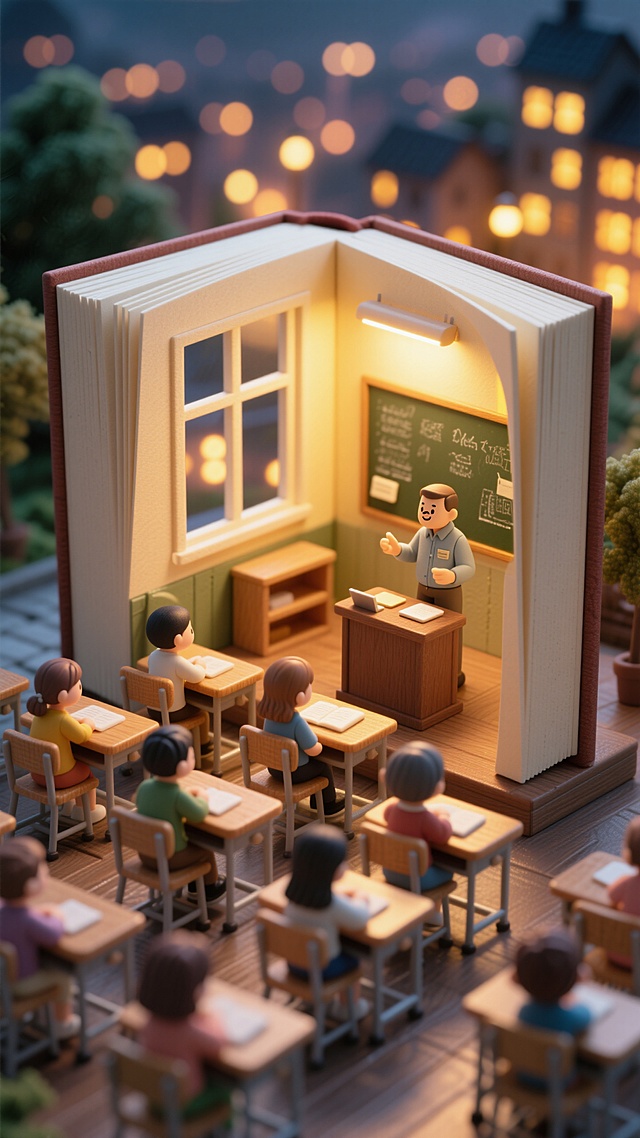 一本巨大的书本翻页内部有一间亮灯的教室，教室内有一名教师和一群听课的学生。外面是万家灯火