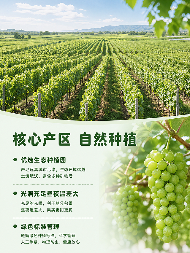 [第2屏] 详情页产地展示屏-阳光玫瑰核心产区介绍。本屏不涉及产品主体修改，使用文字场景结合产地介绍。
[氛围/风格] 自然原生态风格，清新田园风，绿色清新调性，真实自然摄影质感。
[元素布局] 画面上半部分为大片绿色葡萄园实景，一望无际的葡萄藤架，阳光下的葡萄园，画面下半部分为信息区域。左侧留白放文字介绍，右侧可以放一小部分真实葡萄藤上挂果的特写图片，自然融入场景，信息区域不遮挡主体葡萄园景观。
[光影质感] 自然日光从上方照射，整体明亮自然，光影柔和，田园氛围浓郁。
[配色色系] 全局底色：#F2F9F2（浅绿）；主体配色：#81C784（田园浅绿） + #2E7D32（文字深绿）；辅助色：#FFFFFF（信息块白底）。
[视角构图] 俯视葡萄园全景，下半部分信息块横向排布，阅读动线从上到下。
[文字版式] 顶部主标题「核心产区 自然种植」深绿圆角黑体字，居中，字号画面宽度7%-9%。下方左对齐分点介绍，「优选生态种植园」「光照充足昼夜温差大」「绿色标准管理」，每点前加绿色小圆点标识，字号为画面宽度4%，所有文字清晰不遮挡葡萄园主景观。字形沿用圆角黑体，字色仅保留深绿色一种，纯色填充，和首屏风格统一。
[比例分辨率] 3:4 竖版比例，4K分辨率，文字清晰可辨，超高清。
[负向提示词] 文字错乱，背景杂乱，光影昏暗，虚假场景，果实变形