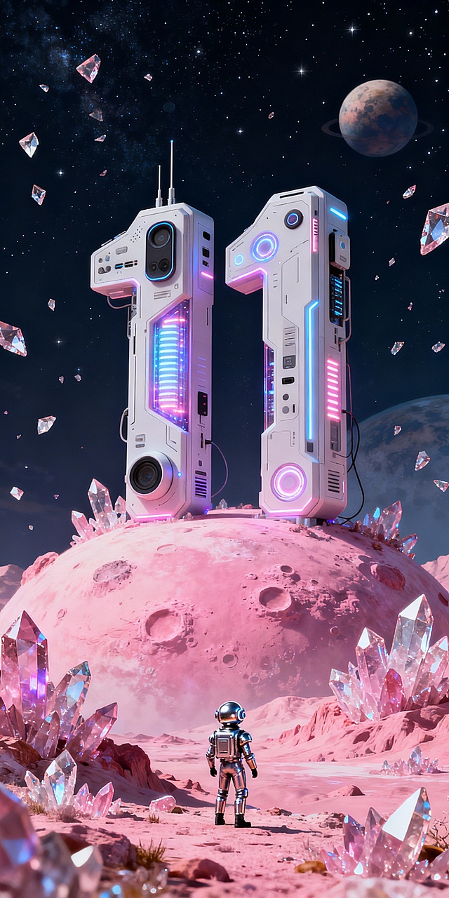 未来感与赛博朋克风交融，3D机械数字“11”矗立于粉红星球，霓虹光效与水晶粒子环绕，宇航员仰望，虚拟现实中的梦幻科技奇景。