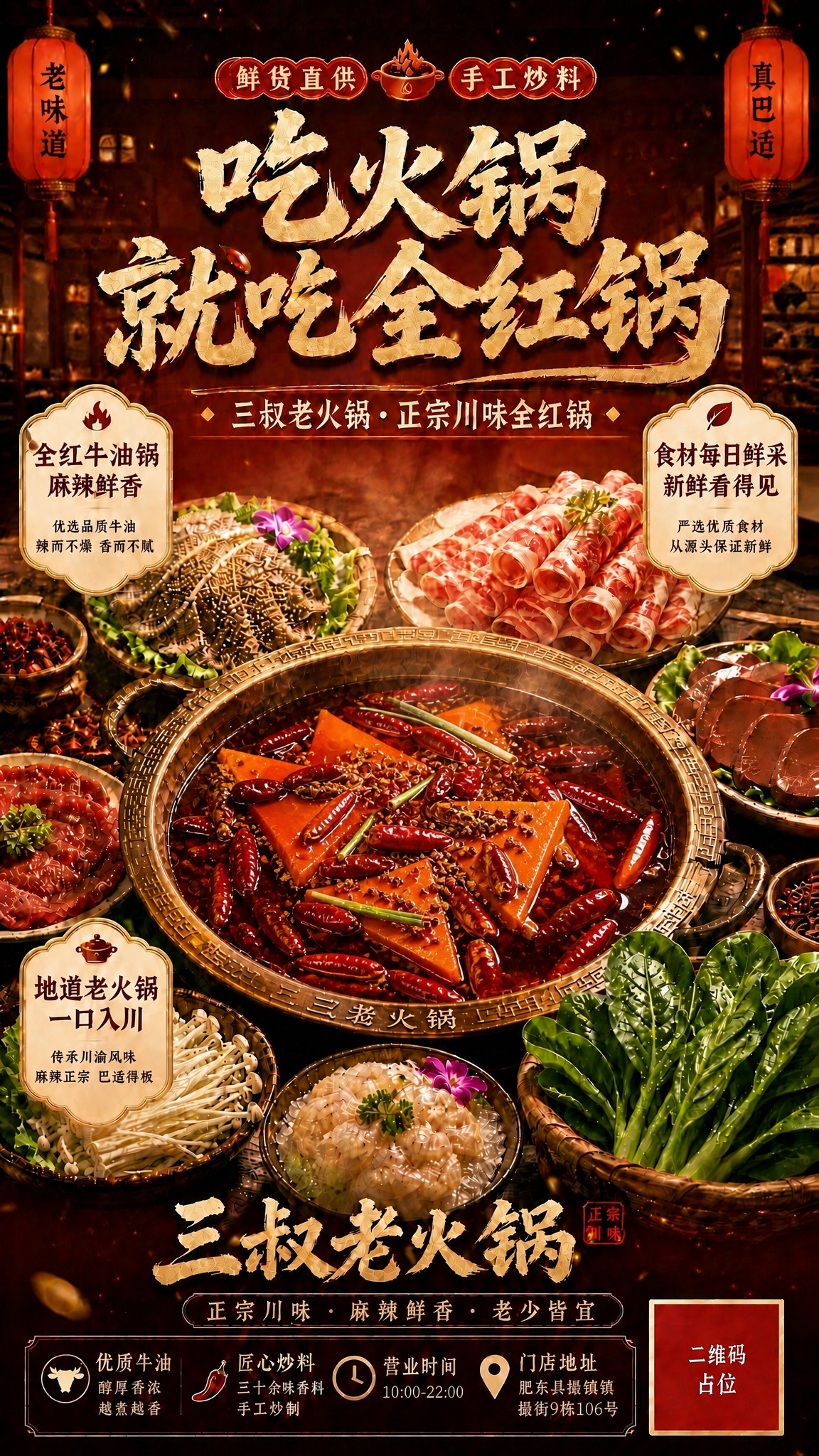 将海报中间的火锅锅底替换为参考图中的真实牛油锅底样式：锅中有几… - 图片创意预览