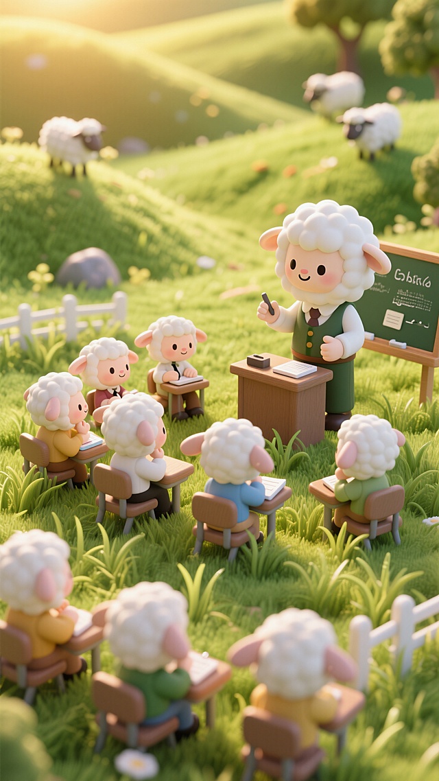 3D卡通风格，拟人化小羊在绿茵草地上上课，清新可爱，简约设计，充满童趣。
