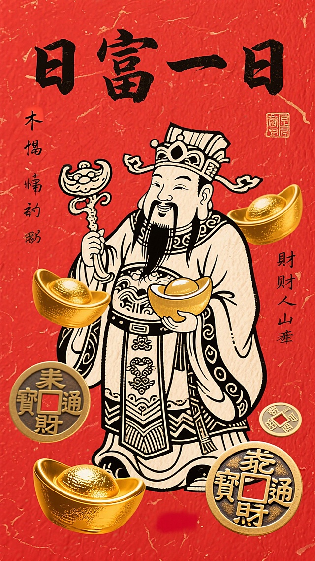 红底金饰，描边插画风财神手持如意与金元宝，融合复古版画与重拟物元素，鎏金质感彰显喜庆中式年味，寓意日富一日，财源滚滚。