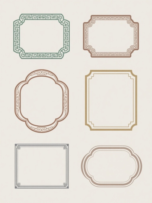 一组六个完全不同形状的文本框素材集合，保持原有的中国传统纹样边框设计风格，线条流畅细腻，具有古典雅致的韵味，采用纯色背景，每个文本框拥有独特的配色方案，内部无任何文字，整体规整垂直排布，呈现出统一而富有变化的视觉效果。预览效果
