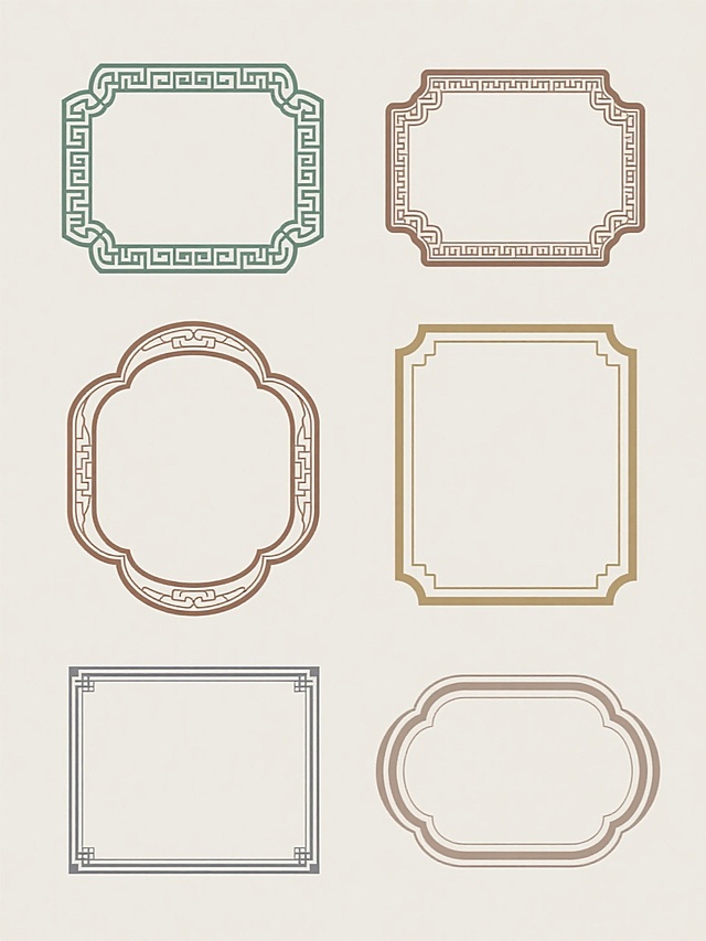 一组六个完全不同形状的文本框素材集合，保持原有的中国传统纹样边框设计风格，线条流畅细腻，具有古典雅致的韵味，采用纯色背景，每个文本框拥有独特的配色方案，内部无任何文字，整体规整垂直排布，呈现出统一而富有变化的视觉效果。