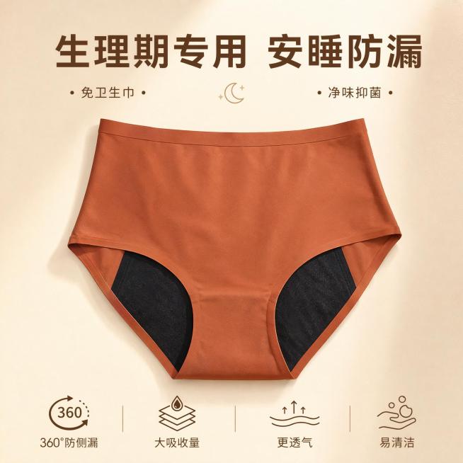 [单张主图] 焦糖色生理期内裤产品展示，纯净背景静物电商主图，突出产品功能卖点，适合淘宝天猫平台展示。
[画面主体] 焦糖色生理内裤平铺展示，正面朝向前方，保持产品外观颜色、结构材质与输入图片完全一致预览效果