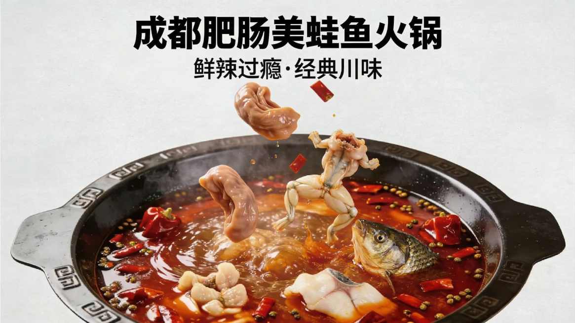 红汤四川火锅，火锅里包含田鸡和鱼头，鲜辣诱人的川味美食，热气腾腾，铺满辣椒和花椒，浓郁红汤，传统中式铁锅，美食摄影风格，真实诱人食欲预览效果