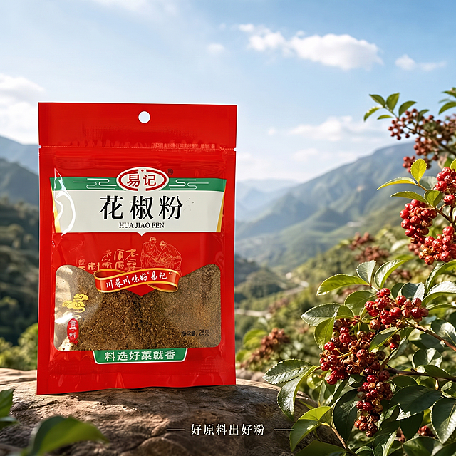 去掉图片中两个红圈标注的文字，上方的“四川核心产区 大红袍花椒”和右侧标注框内的“原料 正宗大红袍 手工晾晒”，保持背景天空、山林、花椒枝叶等原有画面颜色、纹理协调一致，不影响其他内容显示