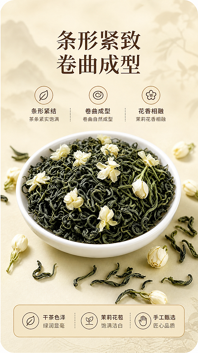[商品] 本页为干茶质地页，以白碗中干茶与茉莉花苞为主视觉；保留绿茶条索紧结卷曲、茉莉花苞饱满洁白的真实质感，散落茶叶与花苞自然分布。
[画面] 目标：展示干茶外形特点，条形紧卷曲成型。构图：顶部标题，中部一只白瓷碗盛满卷曲绿茶与茉莉花苞（占画面50%），碗周围散落若干茶叶与花苞，大圆角矩形框包裹主体。前中后景：前景散落花苞茶叶、中景白碗干茶主体、后景浅黄柔焦背景。
[视觉] 套系策略：风格=新中式清雅商业摄影；标题字=宋体衬线粗体；正文字=简洁无衬线体；主色=低饱和度浅黄色（米杏奶黄）；背景延展=基于低饱和浅黄做深浅层级、同色渐变和细腻宣纸/云雾质感；强调色=深棕褐色，仅用于小面积图标、引线和标签；标题色=深棕褐色；正文色=中暖褐色；组件=圆角浅黄信息卡、细线引线、圆形icon底；光影=左前侧暖柔光，柔和自然。
[文字] 上部居中主标题"条形紧致 卷曲成型"，分两行排列；所有文字横排，字号醒目，手机端可读，不遮挡干茶主体。
[规格] 图片比例9:16竖版，分辨率2K，避免变形、错字、文字过小、冷蓝/蓝灰背景、干茶颜色失真。