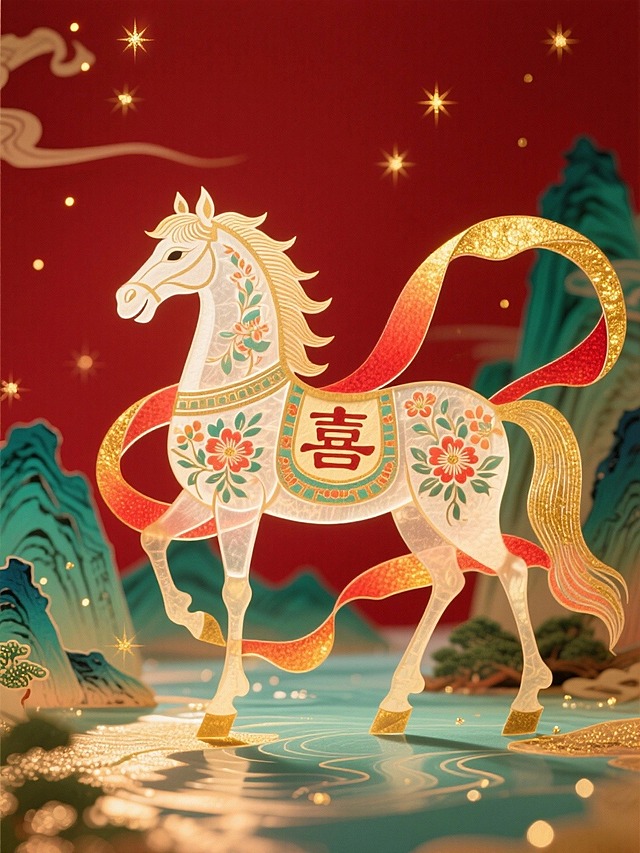 主体是骏马（饰有“喜“吉祥字和花卉纹样），环绕金红渐变的华丽飘带，背景为正红底 + 青绿山水元素，融入细碎金星光效，色调以红、金、青绿为主