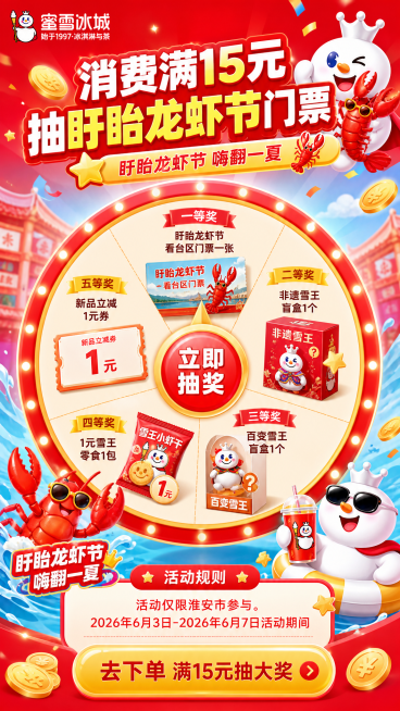 UI抽奖界面海报，整体风格活泼清爽，带有蜜雪冰城品牌元素，主标题文字是"消费满15元抽盱眙龙虾节门票"，列出各奖项：一等奖：盱眙龙虾节看台区门票一张， 二等奖：非遗雪王盲盒1个，三等奖：百变雪王盲盒1预览效果