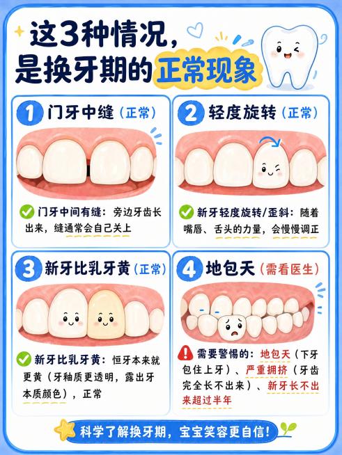 儿童换牙期科普小红书图文，比例3:4，风格和参考图一致，卡通手绘风格，蓝白配色清新活泼，分四格布局，标题文字："这3种情况，是换牙期的正常现象"，正文文案："✅ 门牙中缝（正常）✅ 轻度旋转（正常）✅预览效果