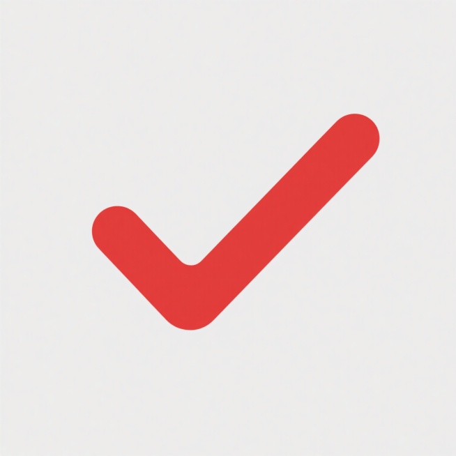 一个简洁的红色对勾图标，采用纯平面设计风格，线条圆润流畅，无任何渐变、阴影或立体效果，红色纯度高且饱满，对勾符号位于纯白色背景中央，整体呈现出清晰、明确、正面确认的视觉感受，具有高度的识别性和信息传达效率，适合作为表示“同意”、“完成”或“正确”的功能性图标元素。预览效果