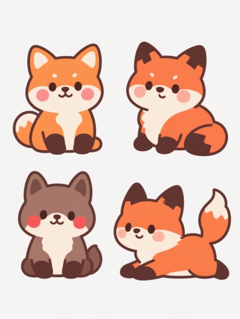 4个不同品种、不同样式、不同造型的狐狸，采用可爱卡通风格，圆润的身体比例，大而灵动的眼睛，脸颊有红晕，橙色为主色调搭配白色腹部和内耳，深棕色轮廓线，每个狐狸姿态各异（如坐姿、趴姿、歪头、摇尾），排列整齐分布在纯白色背景上，整体构图简洁明快，色彩鲜明柔和，充满童趣和治愈感。预览效果