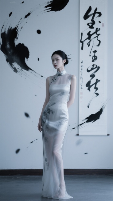 绝美仙子，冰肌玉骨，身着新中式改良雪纺紧身旗袍，书法墨迹漂浮在空中，白色画底背景，妩媚与清冷感并存，场景充满诡异的宁静与压迫感，冷色调，新中式简约风，视觉冲击力强，全身照预览效果