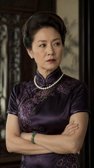 50岁反派婆婆，盘发，妆容精致略显刻薄，穿暗紫色刺绣真丝旗袍，戴海水珍珠项链，气质高傲盛气凌人，自然真实，自然表情，肢体正常，光影自然，皮肤质感自然真实，无过度磨皮，五官自然，非网红整容脸，无浓妆滤镜预览效果