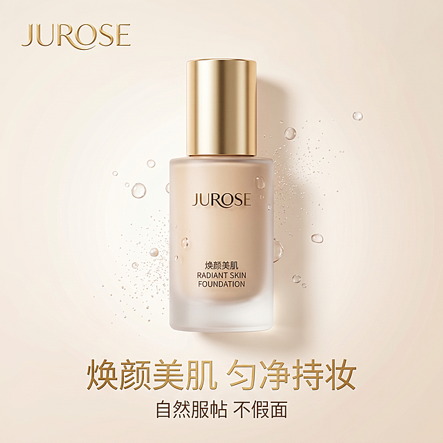 [主图-1] 缤诺丝JUROSE焕颜美肌粉底液品牌调性首图，极简轻奢高级美妆风，纯净通透科技感，商业摄影质感，超写实C4D产品渲染，光线柔和通透，产品清晰真实，画面干净高级。JUROSE焕颜美肌粉底液居中放置，浅米白色柔光渐变背景，搭配半透明磨砂玻璃瓶身，周围点缀少量晶莹水滴和细腻珠光粒子，商品主体占比约65%，画面满屏无边框。保持产品外观，物理结构、材质质感、颜色与原图绝对一致，杜绝任何变形和色差。左上角放置品牌Logo "JUROSE"，保持原字形和金色配色，不遮挡主体。正面柔光箱主光均匀打亮瓶身，右侧侧方辅光勾勒轮廓，整体通透不暗沉，主色调浅米白搭配裸肤色和金色点缀，平视中心构图，景深适中，产品完整不裁切。画面底部居中放置大字主文案"焕颜美肌 匀净持妆"，下方小字"自然服帖 不假面"，文字清晰，不遮挡产品。1:1比例，2k分辨率，文字清晰锐利，超高清。负向提示词：变形，水印，文字错乱，产品图模糊，背景杂乱，遮挡主体。