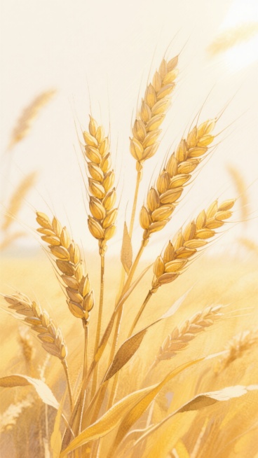 金色和黄色为主色调的水彩插画风格小麦穗特写，多支饱满的麦穗，麦芒细长飘逸，背景模糊渐变的麦田，温暖明亮的光线从上方照射，营造丰收喜悦的氛围，保持小麦主题，水彩特有的透明晕染质感，柔和的边缘过渡，细腻的笔触纹理，画面整体色调统一和谐，聚焦于麦穗的形态细节，展现自然生长的美感。预览效果