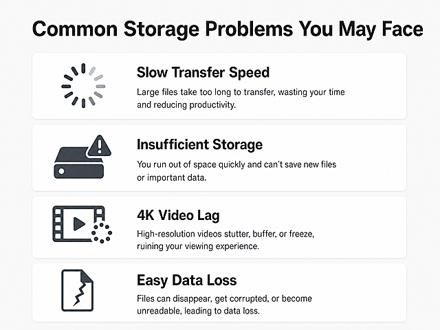 [Detail Page Screen 2] Common Storage Pain Points - User Troubles. [Atmosphere/Style] Problem-oriented simple style, clear question expression. [Element Layout] Four pain points are arranged vertically in independent cards, each card has an icon and text description: 1. "Slow Transfer Speed" - icon of buffering spinner, 2. "Insufficient Storage" - icon of full storage warning, 3. "4K Video Lag" - icon of stuttering video frame, 4. "Easy Data Loss" - icon of broken file. Each card is separated by white space, layout loose clear. Background is light gray, simple, does not compete with content. [Lighting Quality] Uniform soft lighting, text icons clear recognizable, no dark areas. [Color Scheme] Global background #f5f5f5, pain point card white background, icon and text dark gray, simple color matching. [Perspective Composition] Vertical list layout, full screen, clear primary and secondary. [Text Layout] Top main title "Common Storage Problems You May Face", large bold text, four pain points each has title and short description, all English, each card text clear, does not overlap. [Proportion Resolution] 4:3, 4K resolution, text clear. [Negative prompt] Watermark, text garble, Chinese characters, overlapping layout, messy color, product deformation.