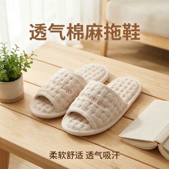 产品垫图，基于用户提供的棉麻拖鞋原图生成，淘宝主图头图，棉麻开口拖鞋放在干净的原木色木地板上，旁边摆放着小株绿植和半打开的棉麻书籍，柔和窗边自然光，舒适简约家居治愈风格，整体氛围温馨干净，产品放置在画预览效果
