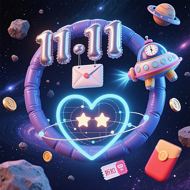 银色充气 “11.11” 数字，结合宇宙飞船、爱心等元素，营造双 11 科幻促销氛围